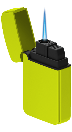 A close-up shot of the Zengaz Lighter 3 Packs, open and emitting a blue flame from its metallic tip.
