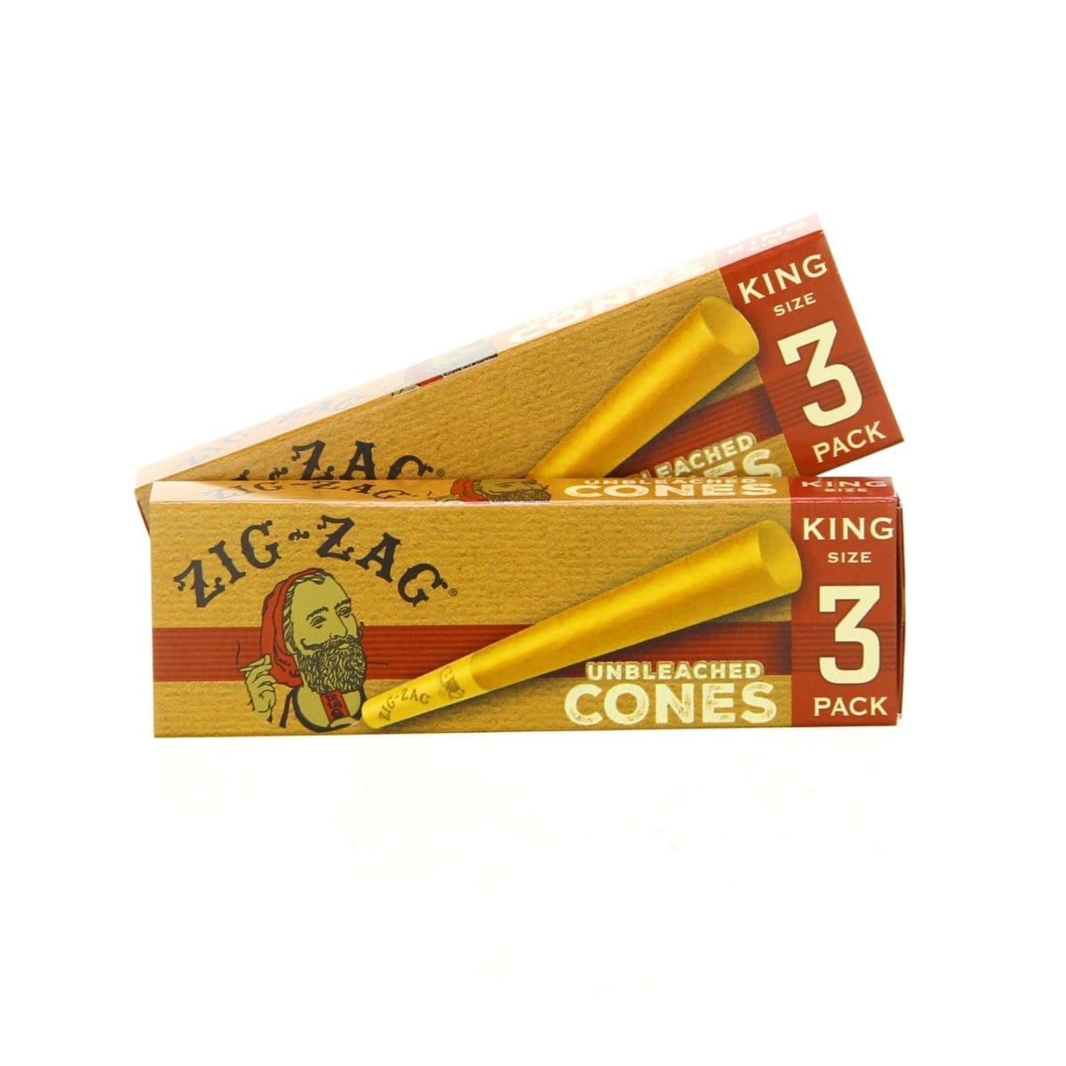 A close-up of the Zig Zag King Size Unbleached Pre-Rolled Cones packaging, displaying a stack of paper cones with the brand logo.