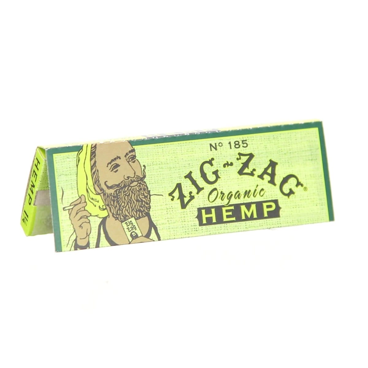 Close-up of Zig Zag 1 1/4 Wide Organic Hemp Rolling Papers packaging, displaying the brand logo and product details on a white background.