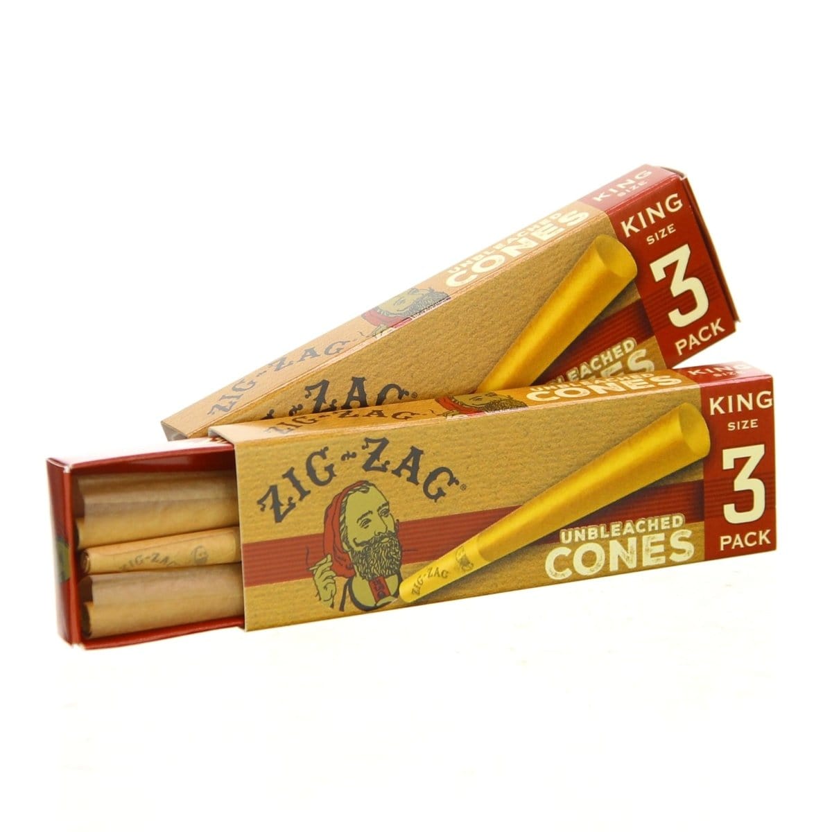 A stack of Zig Zag King Size Unbleached Pre-Rolled Cones, shown in a slightly angled close-up with packaging visible.
